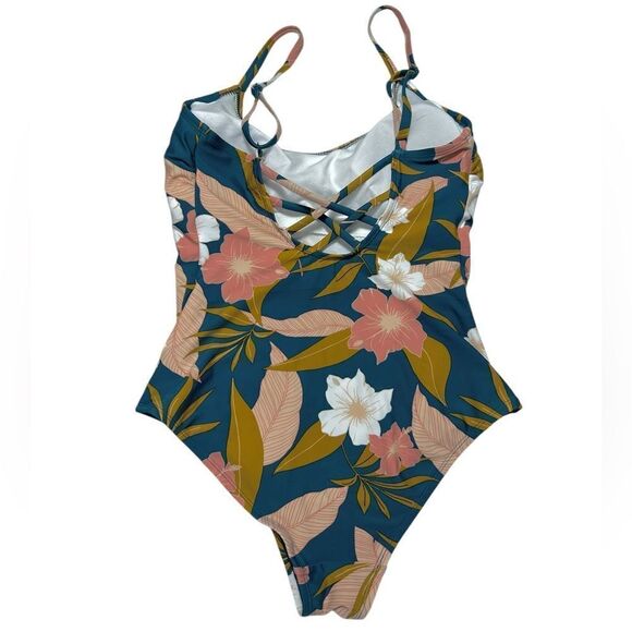 Kona Sol Blue One Piece Swimsuit with Pink Flowers Bathing Suit Floral Cute - Picture 4 of 5